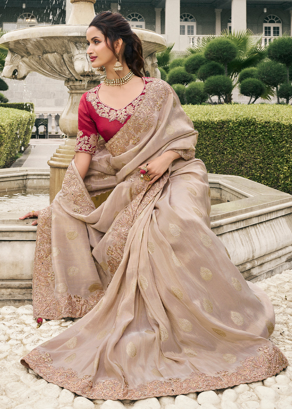 Cream Color Tissue Silk Embroidered with Golden Stone Floral Heavy Border Saree with Contrast Blouse