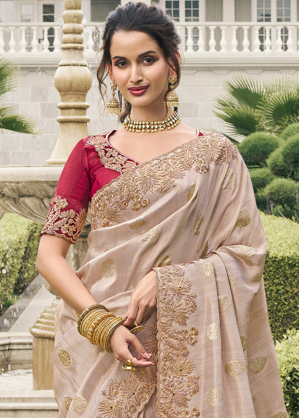 Cream Color Tissue Silk Embroidered with Golden Stone Floral Heavy Border Saree with Contrast Blouse