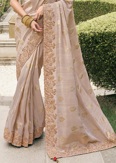 Cream Color Tissue Silk Embroidered with Golden Stone Floral Heavy Border Saree with Contrast Blouse