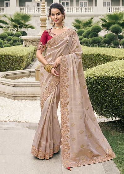 Cream Color Tissue Silk Embroidered with Golden Stone Floral Heavy Border Saree with Contrast Blouse