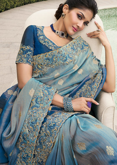 Blue Shaded Color Tissue Silk Embroidered Woven Golden Butti,Floral Heavy Embroidered Border Saree