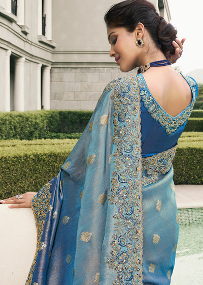 Blue Shaded Color Tissue Silk Embroidered Woven Golden Butti,Floral Heavy Embroidered Border Saree