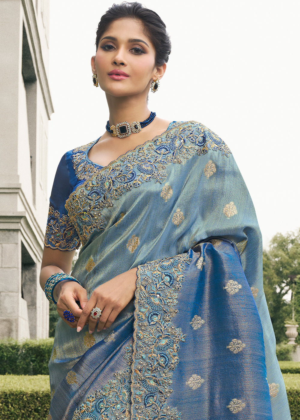 Blue Shaded Color Tissue Silk Embroidered Woven Golden Butti,Floral Heavy Embroidered Border Saree