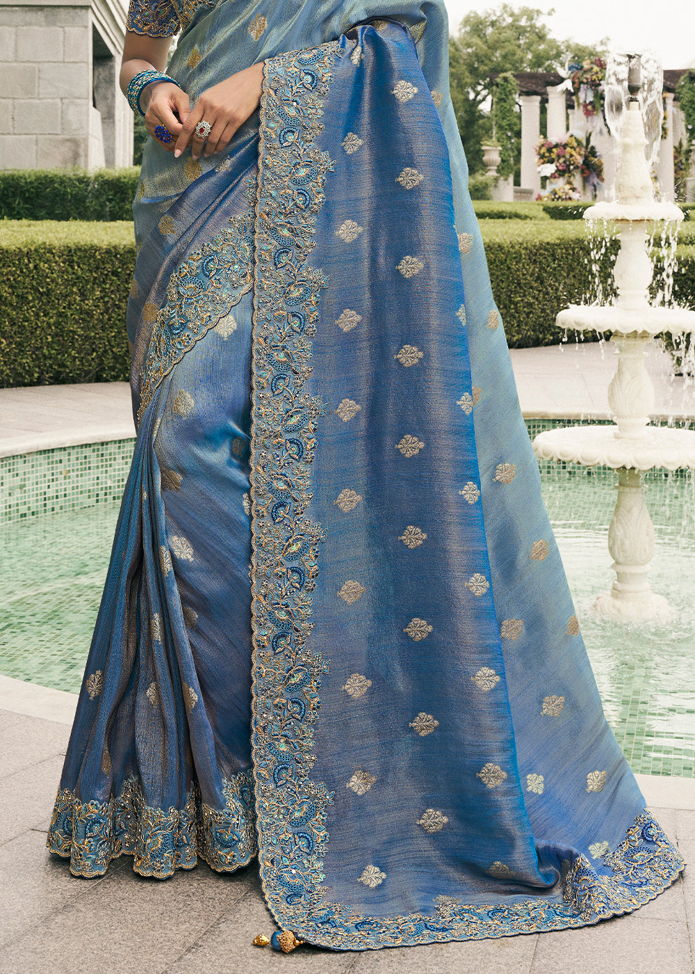 Blue Shaded Color Tissue Silk Embroidered Woven Golden Butti,Floral Heavy Embroidered Border Saree