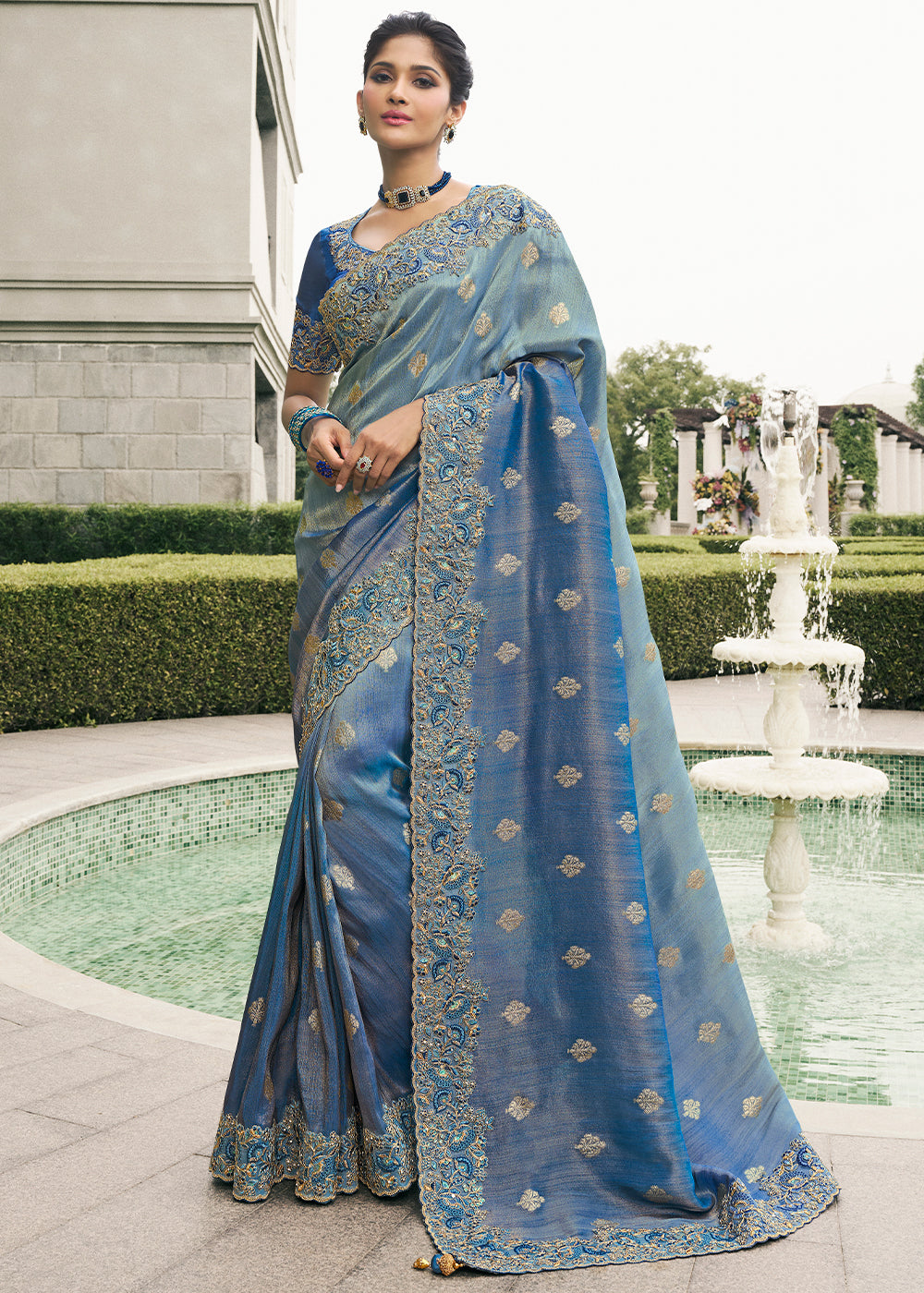 Blue Shaded Color Tissue Silk Embroidered Woven Golden Butti,Floral Heavy Embroidered Border Saree