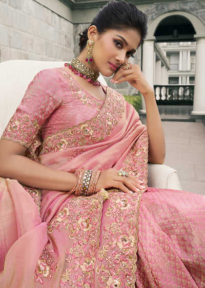 Pink Color Tissue Silk Embroidered Golden Woven Zari Work,Stone Floral Heavy Border Saree