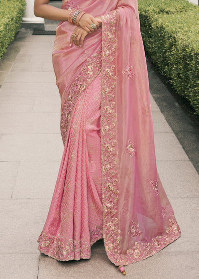 Pink Color Tissue Silk Embroidered Golden Woven Zari Work,Stone Floral Heavy Border Saree