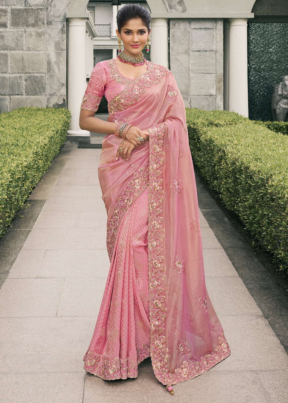 Pink Color Tissue Silk Embroidered Golden Woven Zari Work,Stone Floral Heavy Border Saree