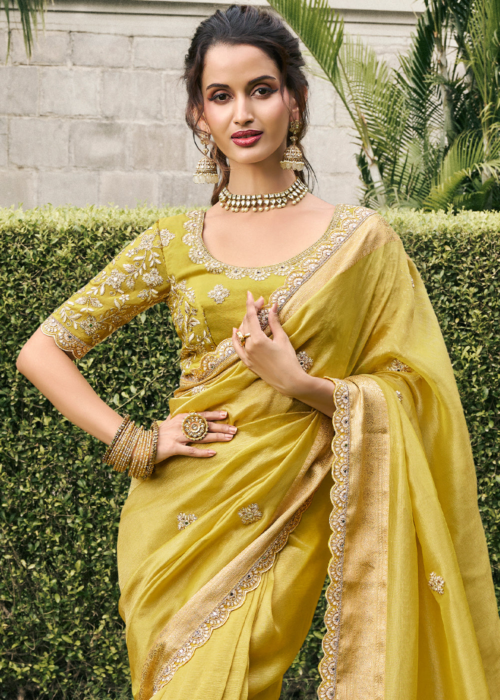 Lemon Yellow Color Tissue Silk Embroidered Golden Woven Zari,Mirror Work Border Saree