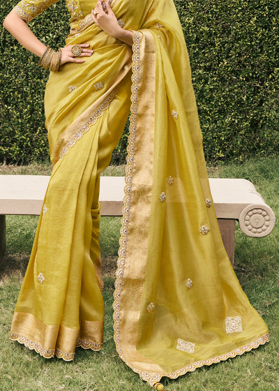 Lemon Yellow Color Tissue Silk Embroidered Golden Woven Zari,Mirror Work Border Saree