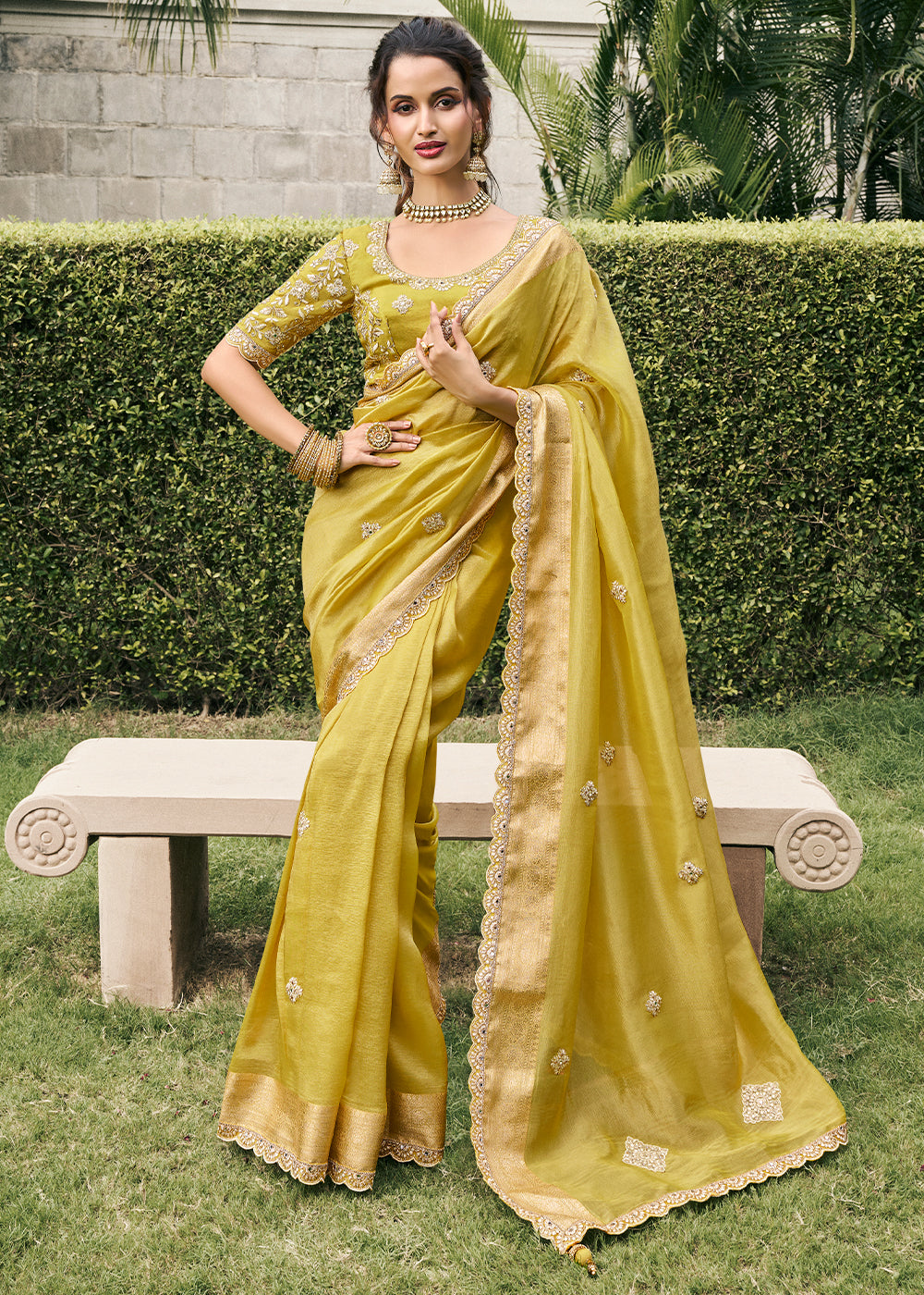 Lemon Yellow Color Tissue Silk Embroidered Golden Woven Zari,Mirror Work Border Saree