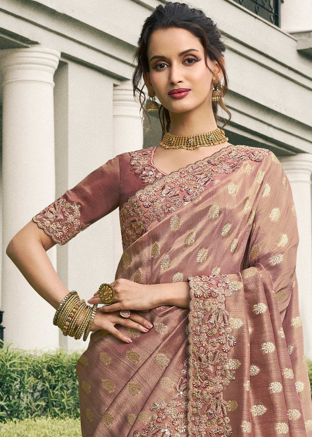 Rust Brown Shade Color Tissue Silk Embroidered Woven Golden Butti,Floral Heavy Embroidered Border Saree