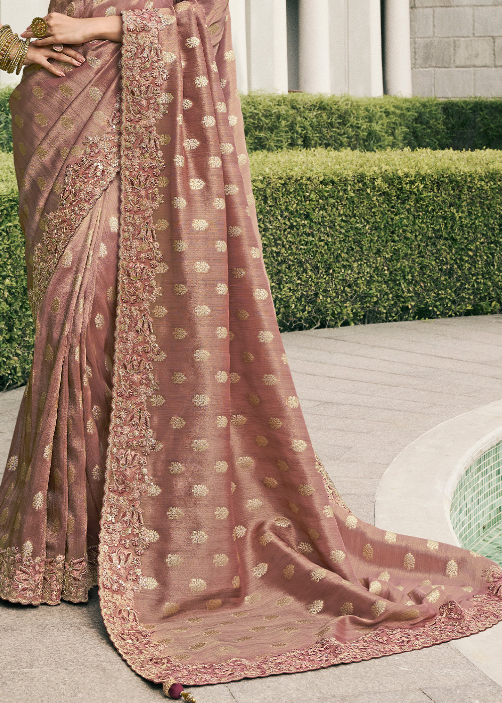 Rust Brown Shade Color Tissue Silk Embroidered Woven Golden Butti,Floral Heavy Embroidered Border Saree