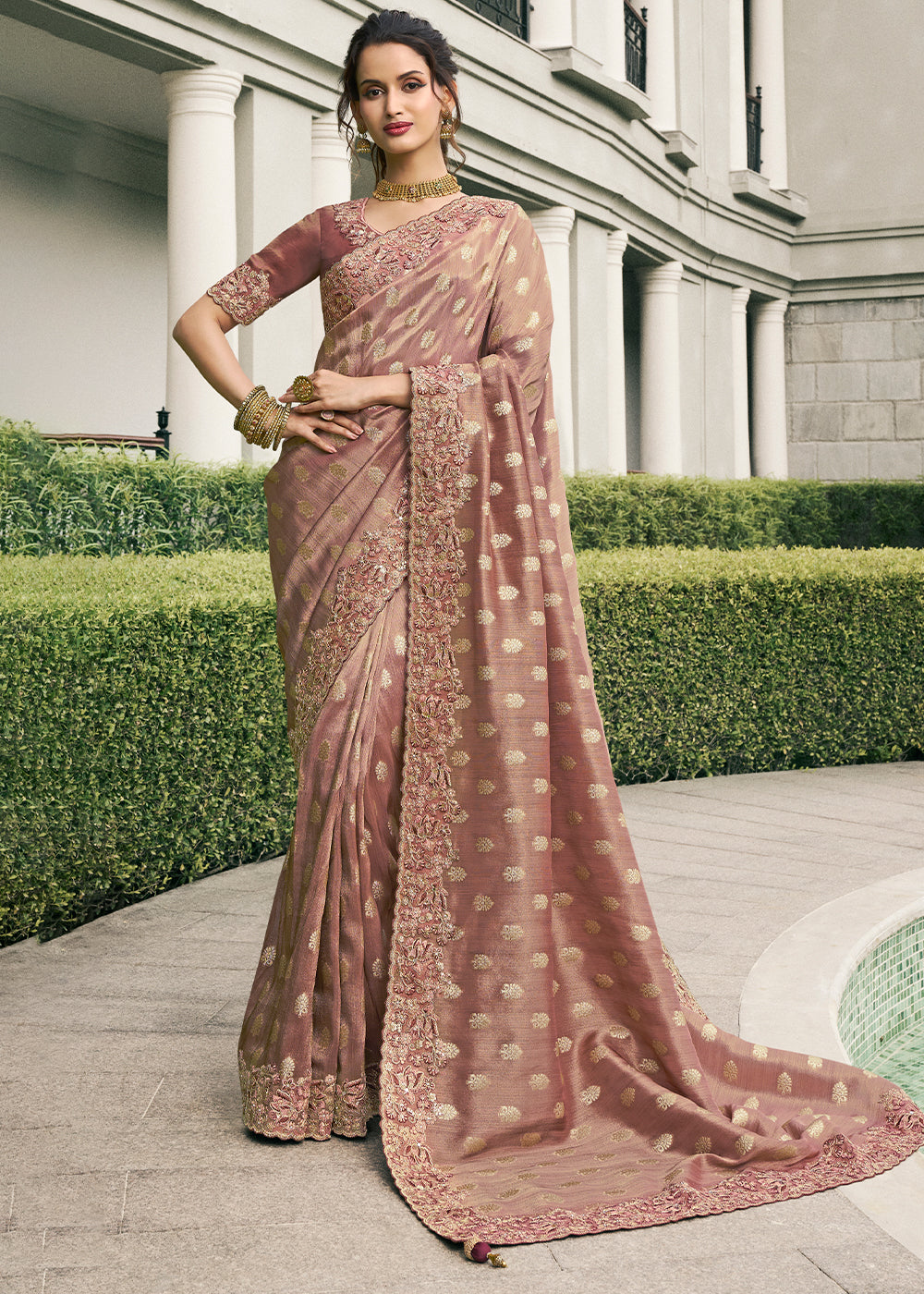 Rust Brown Shade Color Tissue Silk Embroidered Woven Golden Butti,Floral Heavy Embroidered Border Saree