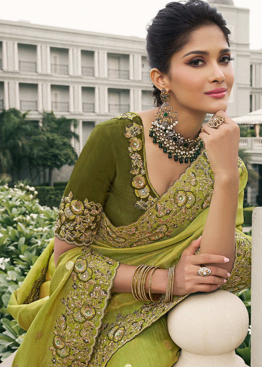 Shade of Green Color Tissue Silk Embroidered with Golden Stone Floral Work Heavy Border Saree with Contrast Blouse