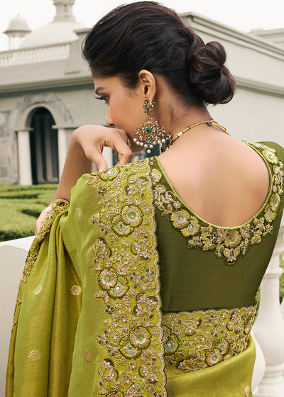 Shade of Green Color Tissue Silk Embroidered with Golden Stone Floral Work Heavy Border Saree with Contrast Blouse