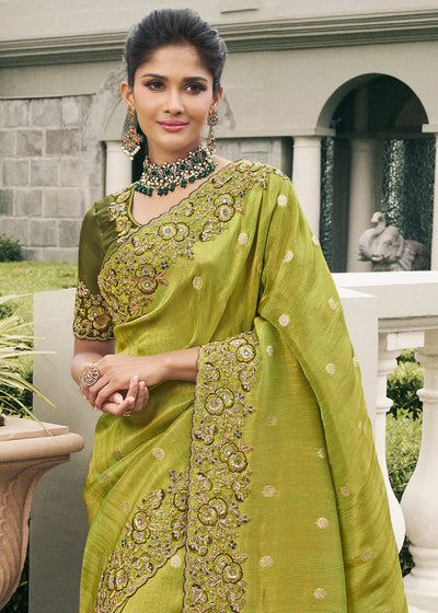 Shade of Green Color Tissue Silk Embroidered with Golden Stone Floral Work Heavy Border Saree with Contrast Blouse