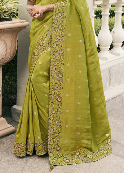 Shade of Green Color Tissue Silk Embroidered with Golden Stone Floral Work Heavy Border Saree with Contrast Blouse