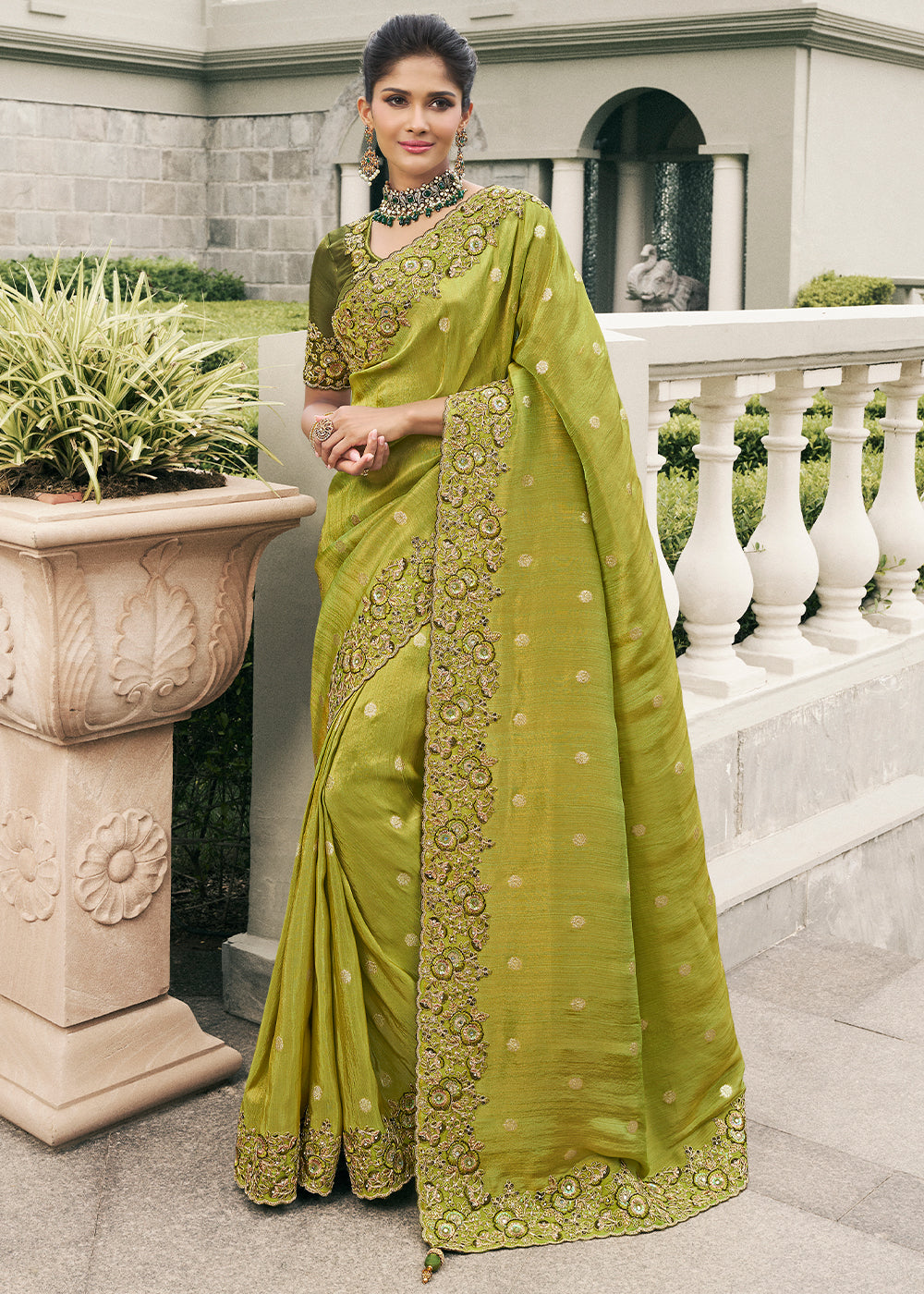 Shade of Green Color Tissue Silk Embroidered with Golden Stone Floral Work Heavy Border Saree with Contrast Blouse