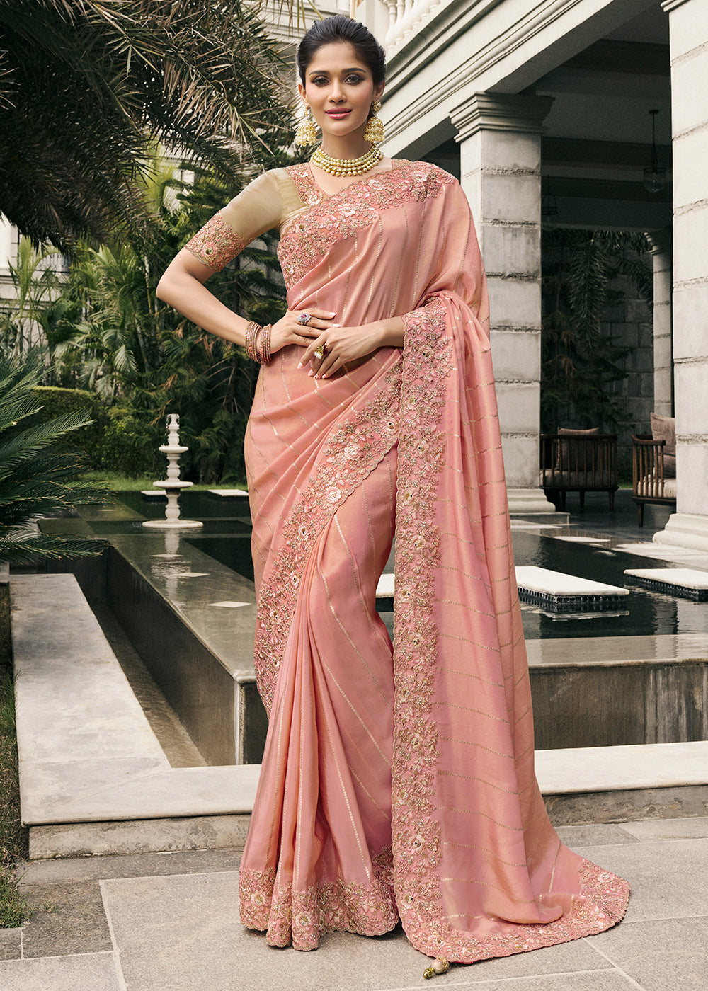 Dusty Peach Color Tissue Silk Embroidered Woven Golden Leheriya Print with Floral Heavy Border Saree with Contrast Blouse