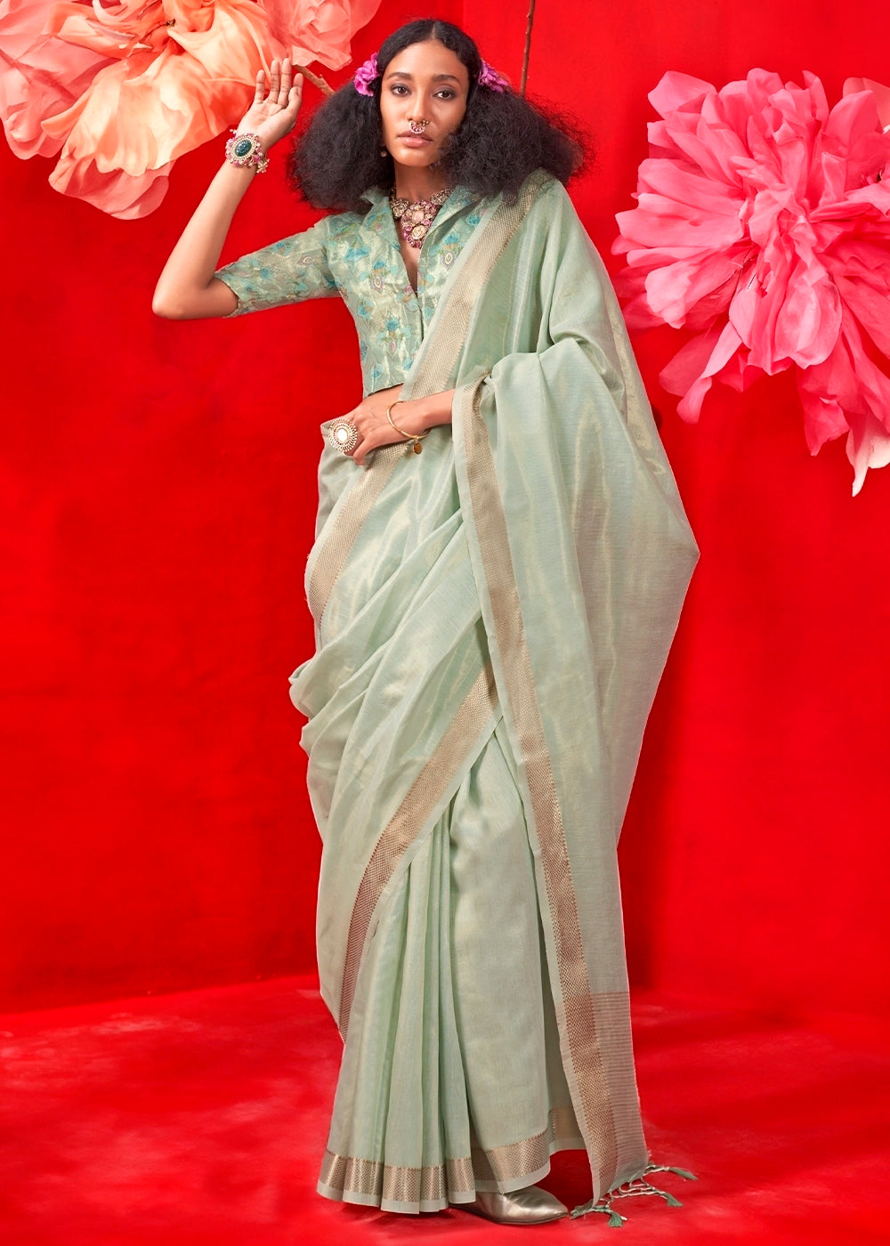 Zari Tissue Handloom Weaving Silk Saree with Minakari Blouse