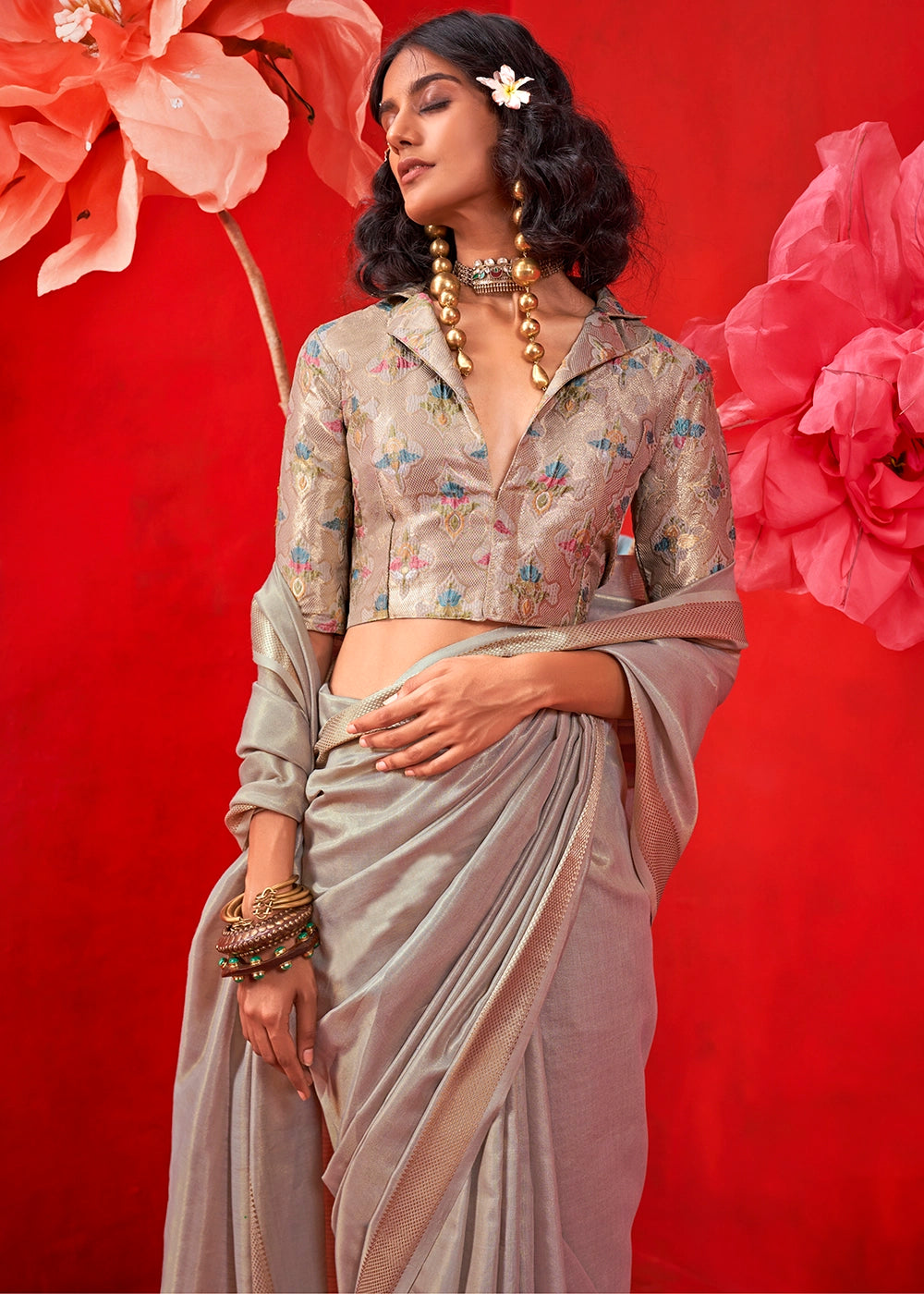 Zari Tissue Handloom Weaving Silk Saree with Minakari Blouse