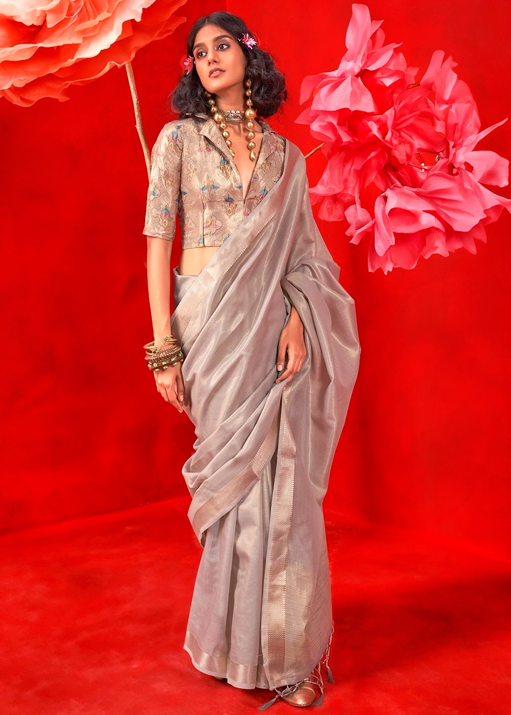 Zari Tissue Handloom Weaving Silk Saree with Minakari Blouse
