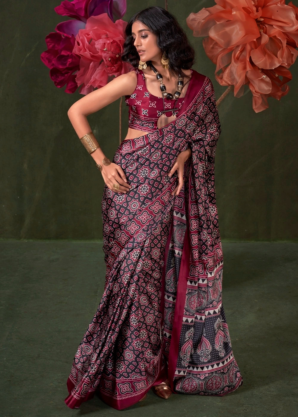 Burgundy Peinted Ajrakh - Satin Crepe Saree with Modern Touch Blouse.