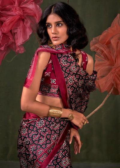Burgundy Peinted Ajrakh - Satin Crepe Saree with Modern Touch Blouse.