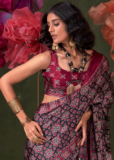 Burgundy Peinted Ajrakh - Satin Crepe Saree with Modern Touch Blouse.