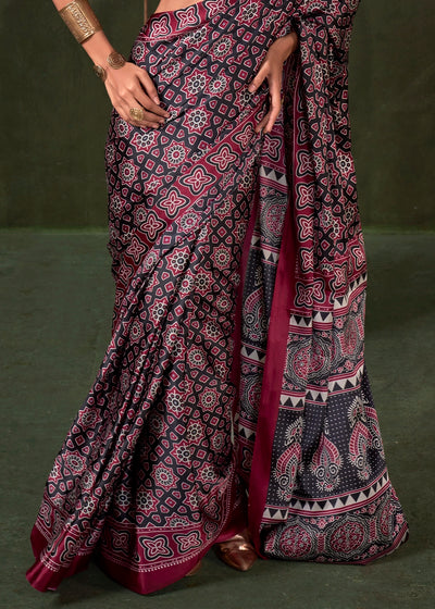 Burgundy Peinted Ajrakh - Satin Crepe Saree with Modern Touch Blouse.