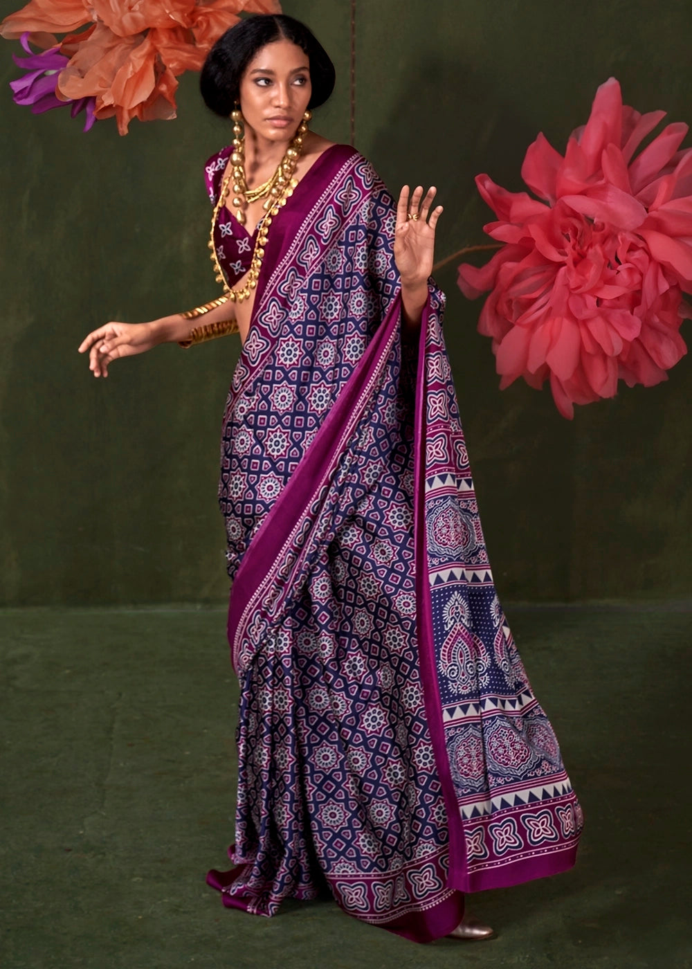 Purple Peinted Ajrakh - Satin Crepe Saree with Modern Touch Blouse. (Copy)