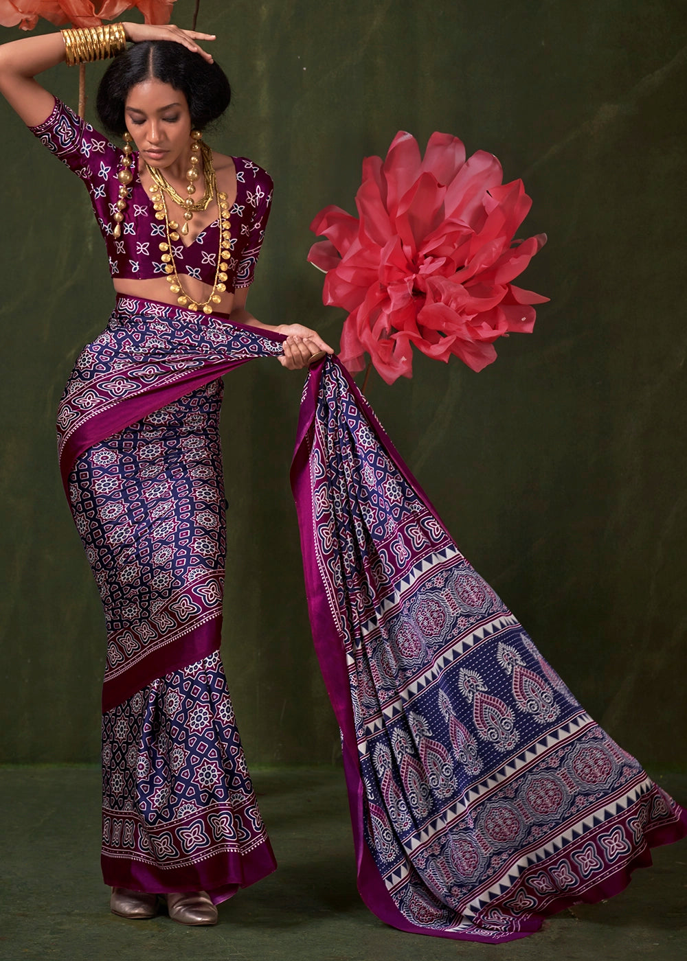 Purple Peinted Ajrakh - Satin Crepe Saree with Modern Touch Blouse. (Copy)
