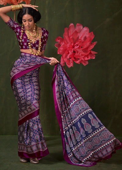 Purple Peinted Ajrakh - Satin Crepe Saree with Modern Touch Blouse. (Copy)