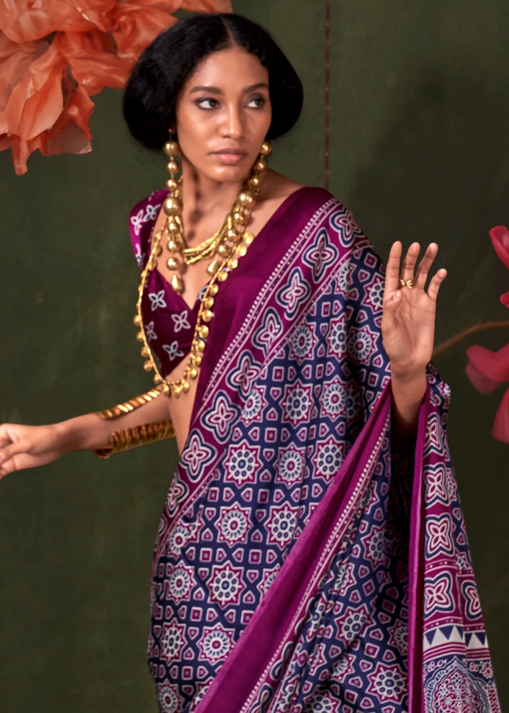 Purple Peinted Ajrakh - Satin Crepe Saree with Modern Touch Blouse. (Copy)