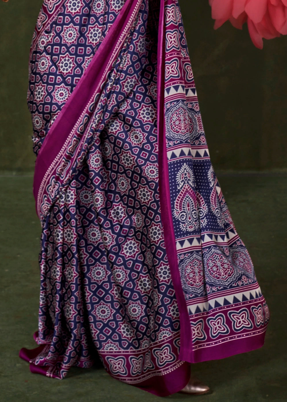 Purple Peinted Ajrakh - Satin Crepe Saree with Modern Touch Blouse. (Copy)