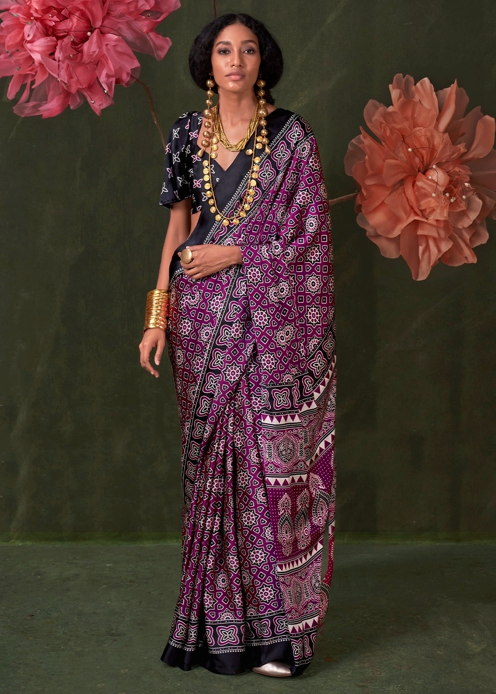Black Peinted Ajrakh - Satin Crepe Saree with Modern Touch Blouse.