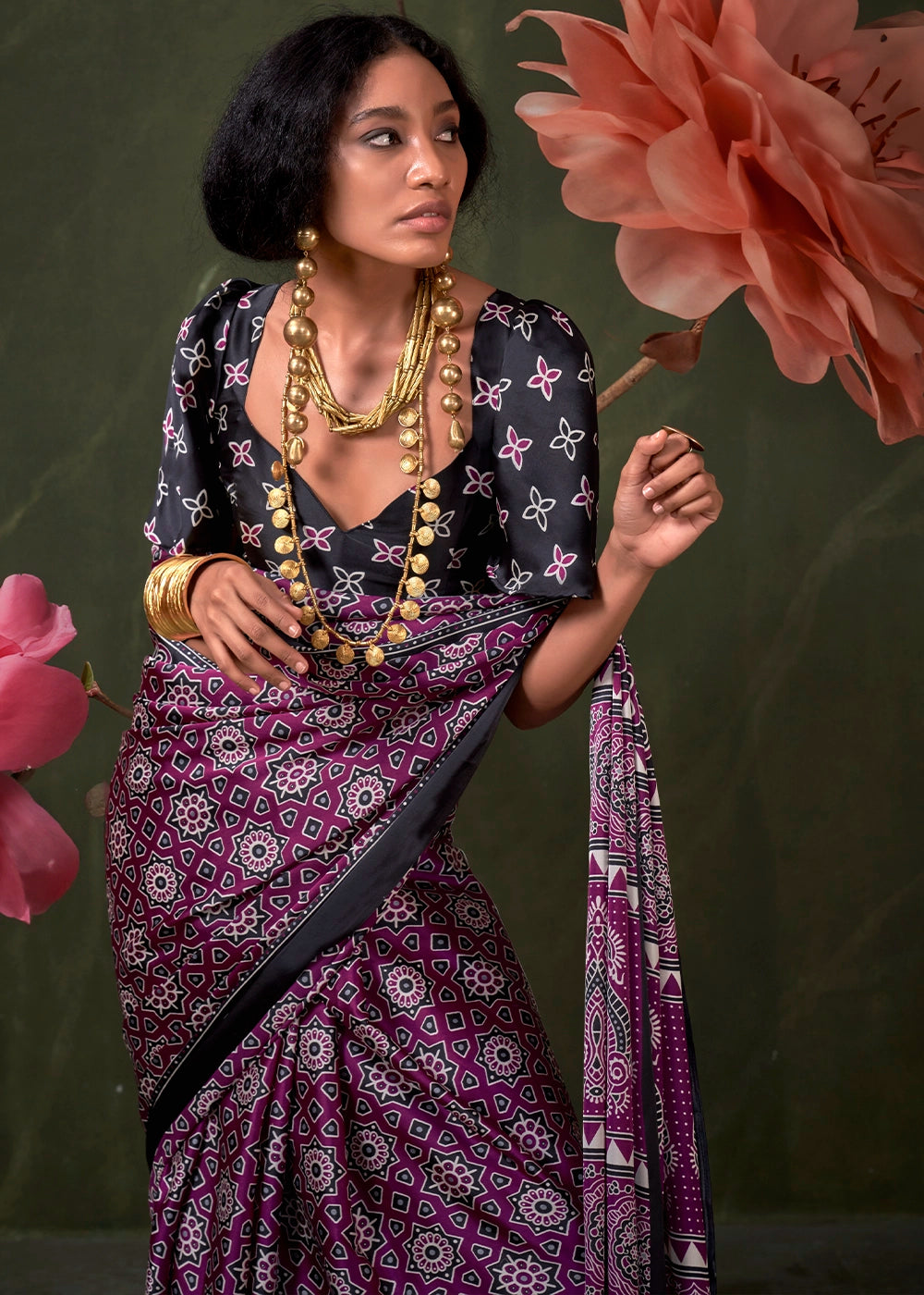Black Peinted Ajrakh - Satin Crepe Saree with Modern Touch Blouse.