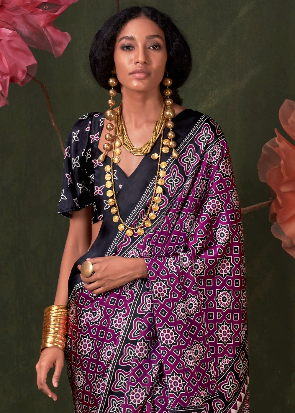 Black Peinted Ajrakh - Satin Crepe Saree with Modern Touch Blouse.