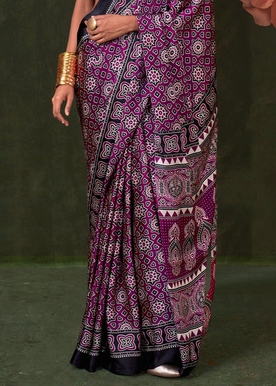 Black Peinted Ajrakh - Satin Crepe Saree with Modern Touch Blouse.