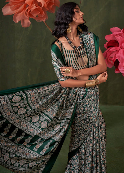 Green Peinted Ajrakh - Satin Crepe Saree with Modern Touch Blouse.