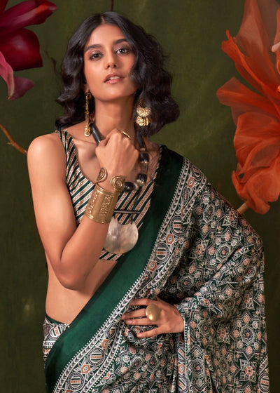 Green Peinted Ajrakh - Satin Crepe Saree with Modern Touch Blouse.