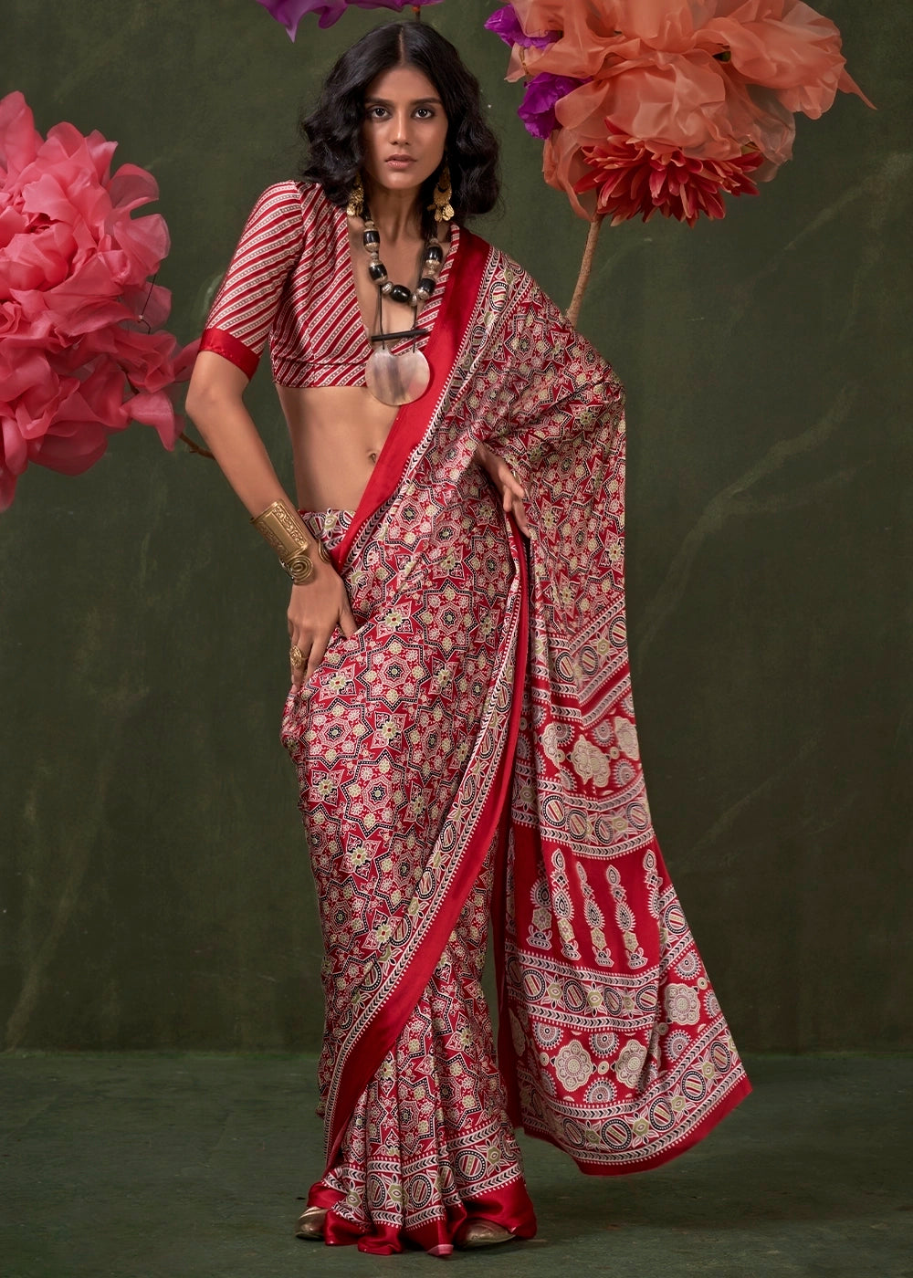 Red Peinted Ajrakh - Satin Crepe Saree with Modern Touch Blouse.