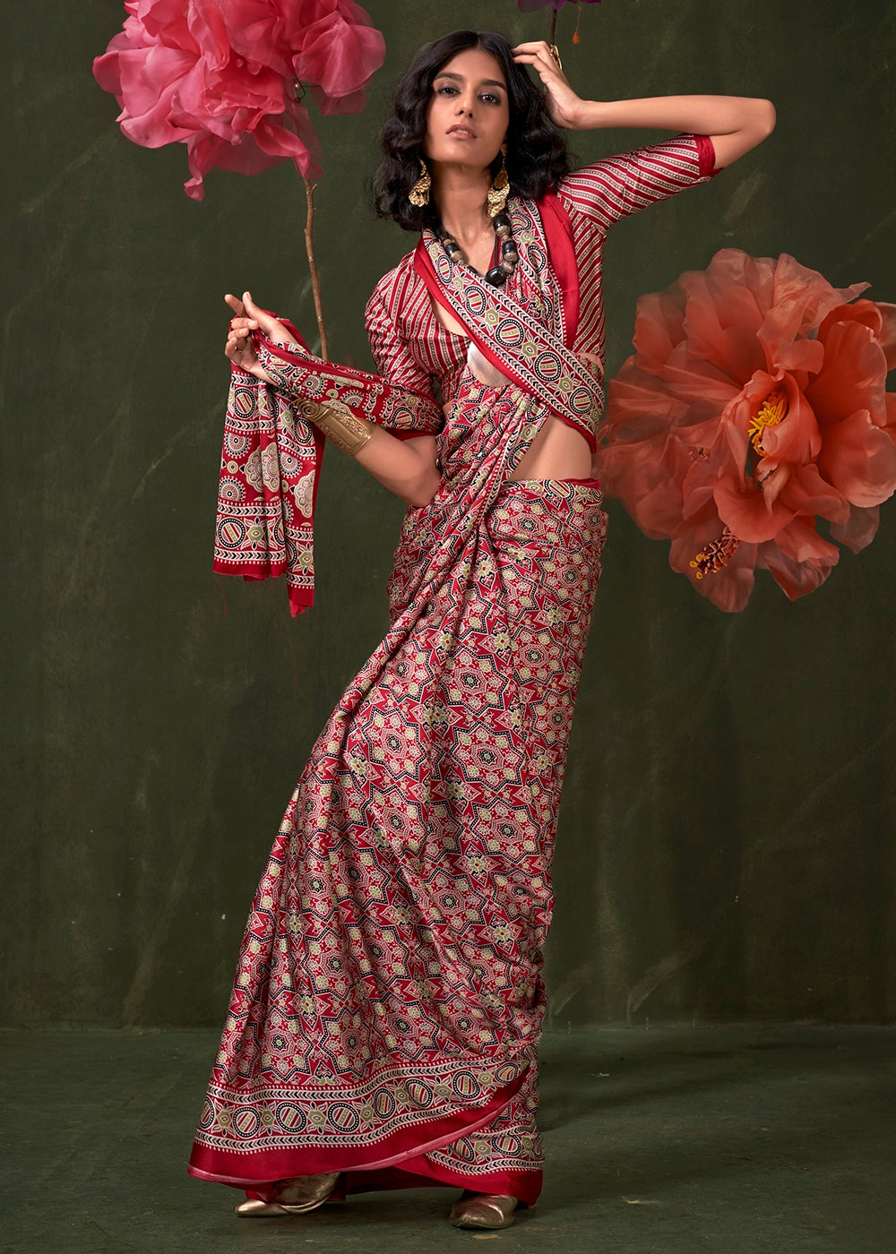 Red Peinted Ajrakh - Satin Crepe Saree with Modern Touch Blouse.
