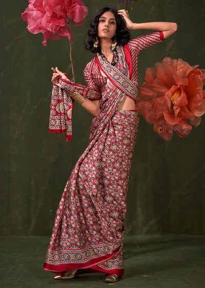 Red Peinted Ajrakh - Satin Crepe Saree with Modern Touch Blouse.