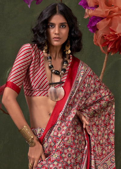 Red Peinted Ajrakh - Satin Crepe Saree with Modern Touch Blouse.