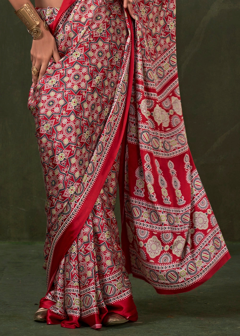 Red Peinted Ajrakh - Satin Crepe Saree with Modern Touch Blouse.