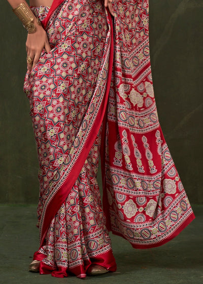 Red Peinted Ajrakh - Satin Crepe Saree with Modern Touch Blouse.