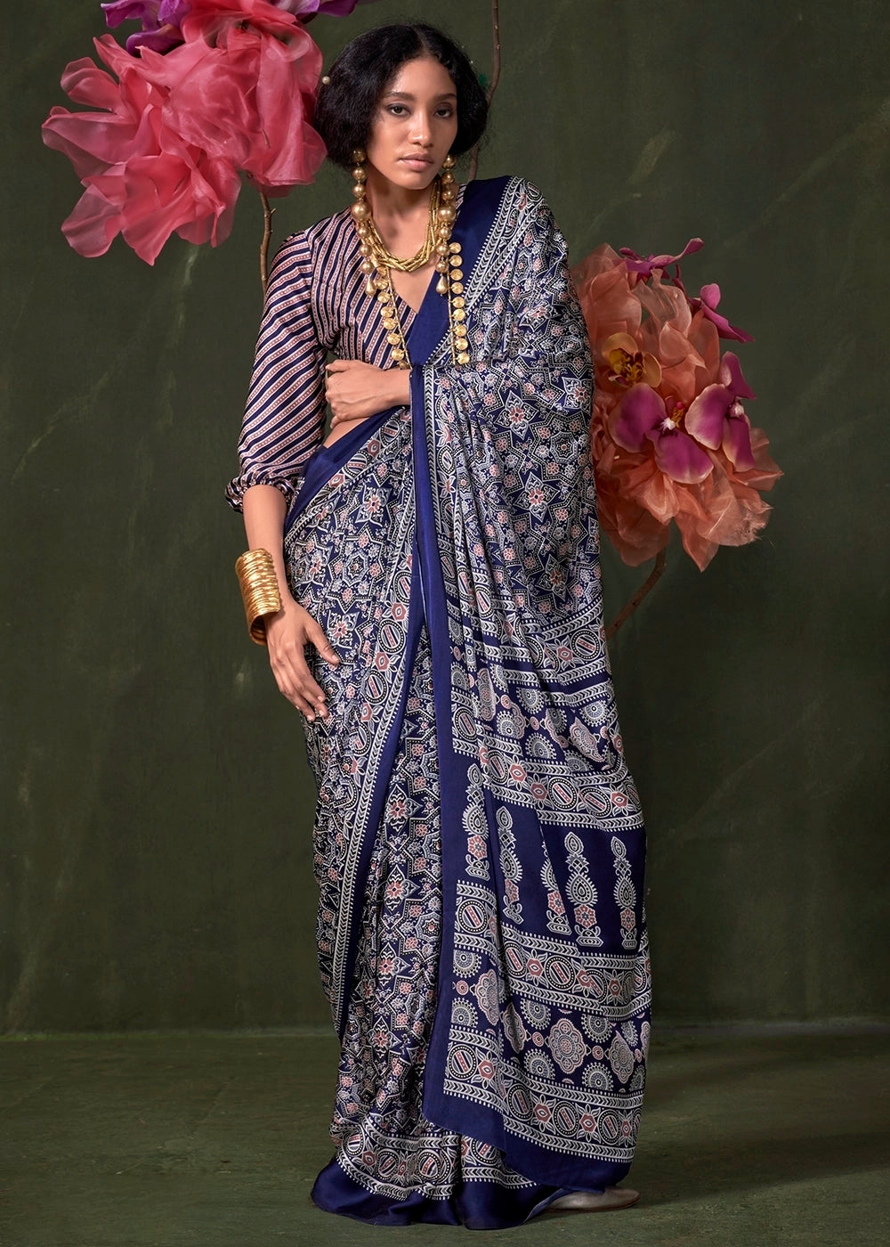 Blue Peinted Ajrakh - Satin Crepe Saree with Modern Touch Blouse.