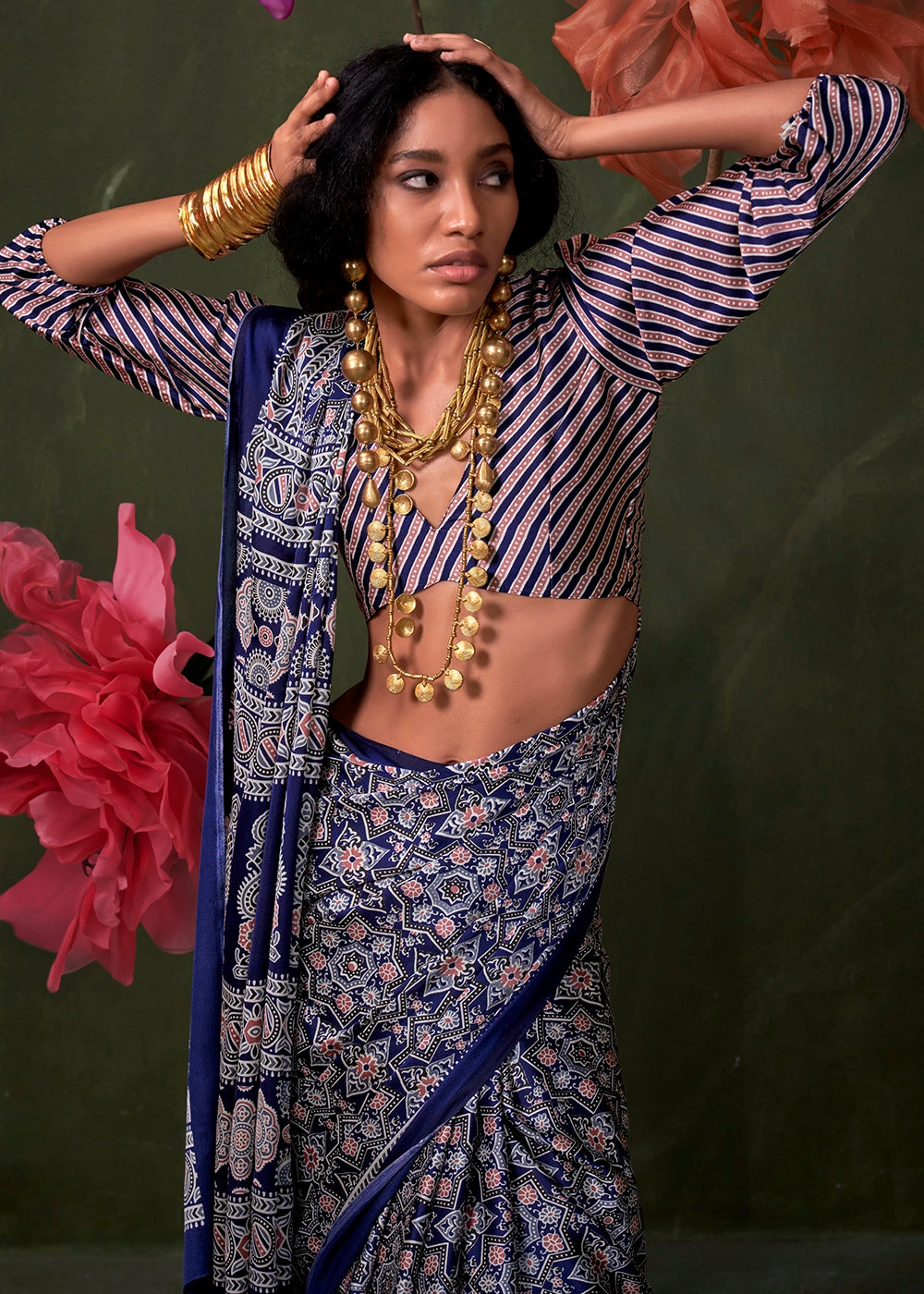 Blue Peinted Ajrakh - Satin Crepe Saree with Modern Touch Blouse.